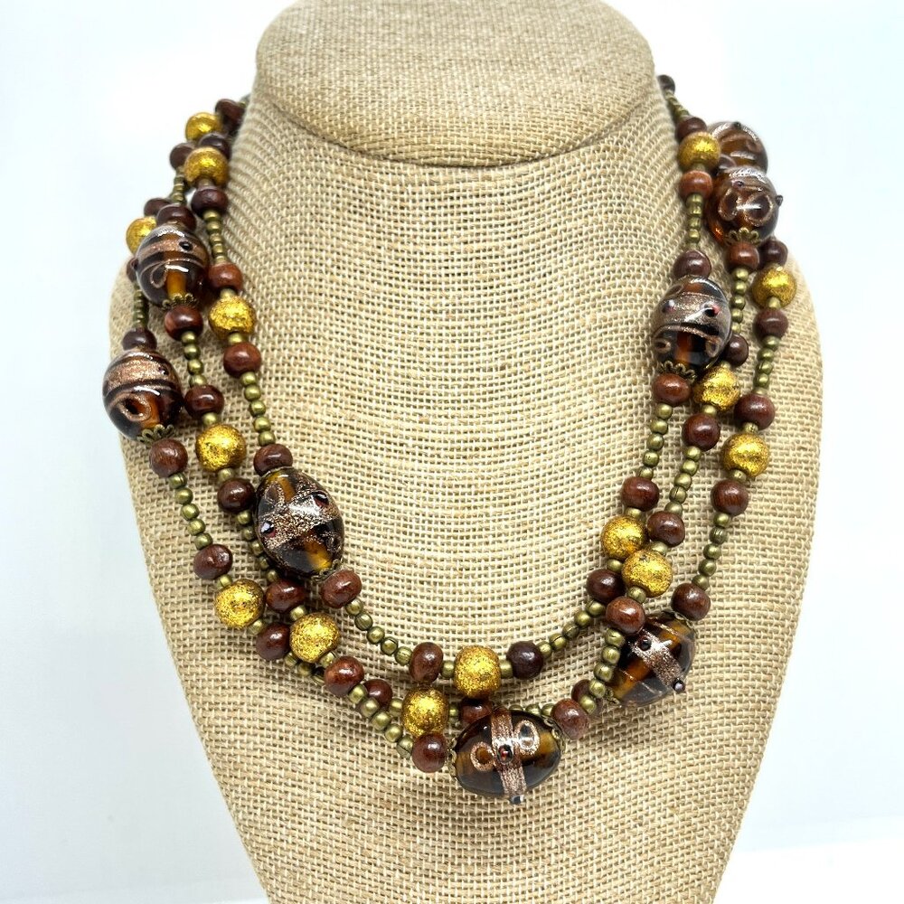 VINTAGE MURANO STYLE INDIAN EXPORT WOOD GLASS BEAD NECKLACE LONG 56” BOHO 70s